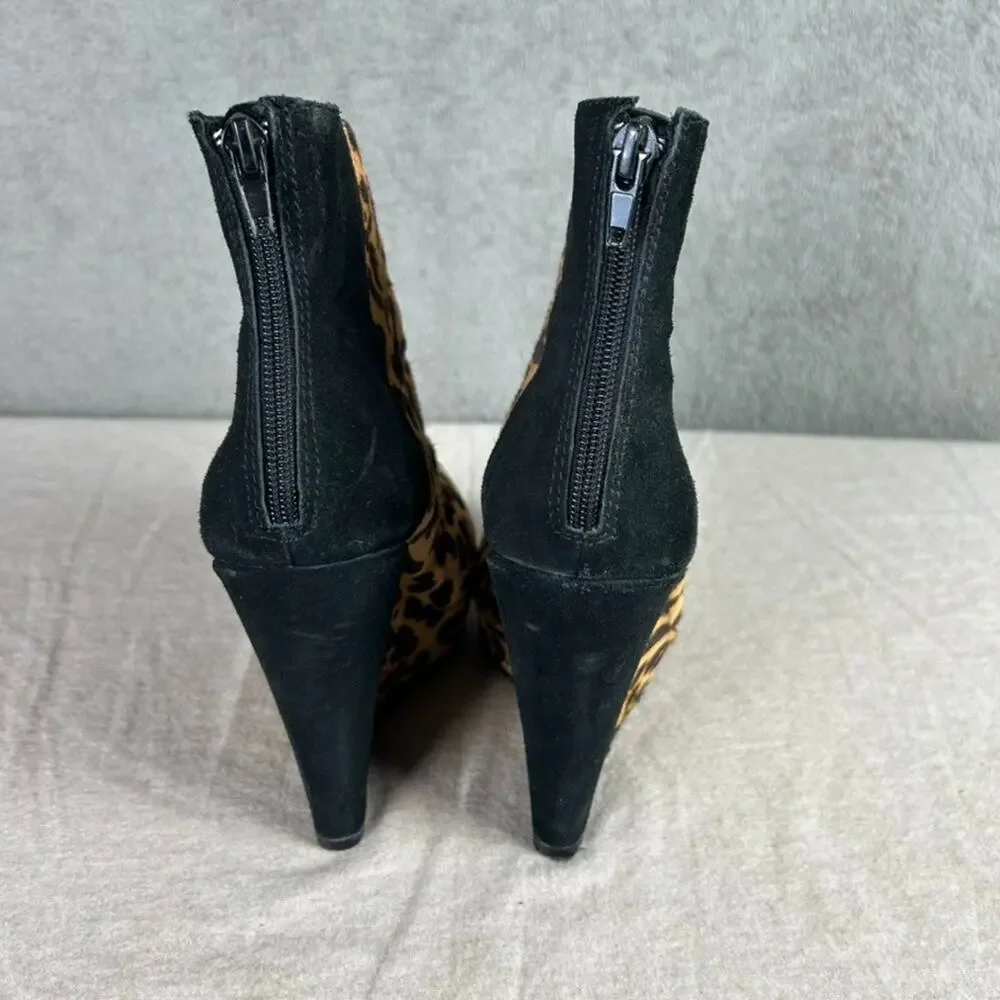 Kelsi Dagger Huette Leather Wedge‎ Platform Booties Size 8.5M Leopard Calf Hair